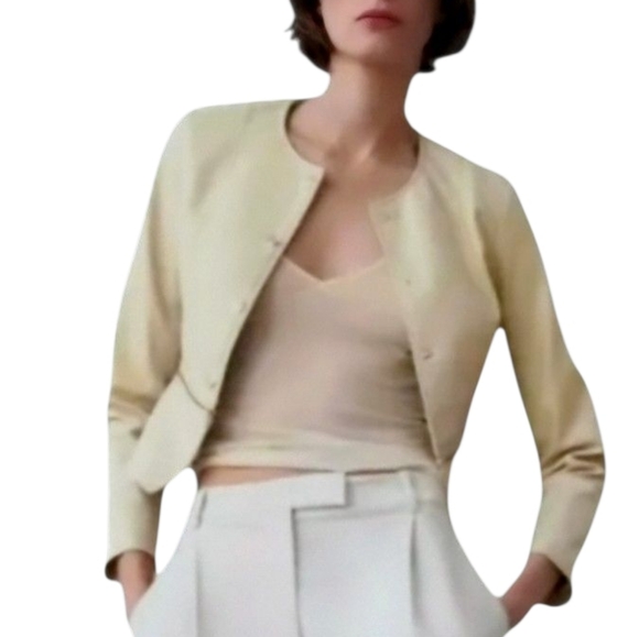 TREND ALERT Zara Cream Faux Leather Crop Round Neck Jacket Gold Detail women's S - Picture 6 of 16